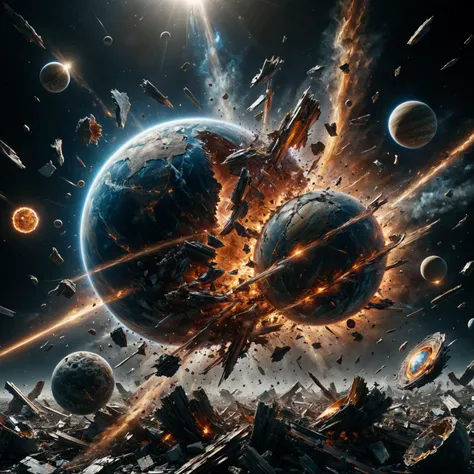 amazing quality, masterpiece, best quality, hyper detailed, ultra detailed, lens flare, portrait two planets colliding with each other sending debris on all directions, RAW color Photo, 8k, dramatic, cinematic lighting, ral-vlntxplzn, <lora:ral-vlntxplzn:0.9> , <lora:add-detail-xl:0.8>