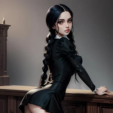 (masterpiece, best quality), wednesday_addams, <lora:wednesday_addams-10:0.8>, ((best quality)), ((masterpiece)), cowboy shot, looking at viewer, (wearing dress, black dress), (highly detailed skin:1.2), midday, natural lighting, long hair, perfect eyes, long eyelashes, beautiful girl standing, , <lora:western_bimbo_v1.0:0.8> bimbo, big ass, big tits, big lips