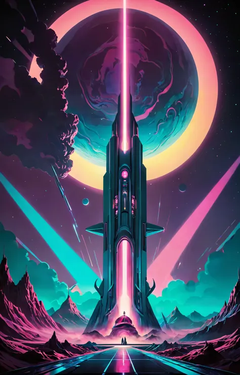 retro-futuristism, , Synthwave aesthetic, pastel colors, stunning background. dark and moody, a mesmerizing blend of light and shadow. masterpiece, absurdres, intricate details, vintage sci-fi, 1950s and 1960s style, atomic age, vibrant, highly detailed, retro futurism