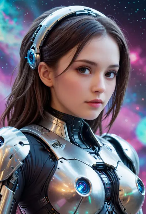 an award winning photograph of a beautiful woman, halo, intricate cyberpunk robot, highly detailed, soft bokeh Deep space nebula background, art by mooncryptowow and popular science