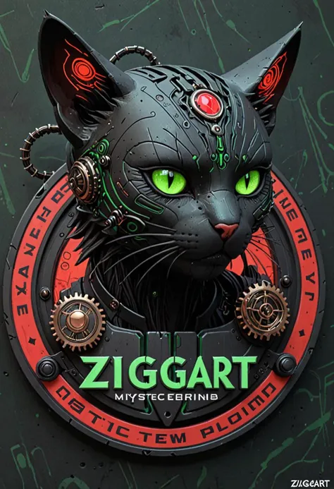 logo, vector, Black, Green, Red, TEXT: "ZIGGART", mystic, fantasy, cyberpunk, steampunk, Cat, 8k, intricate details, octane render, masterpiece.