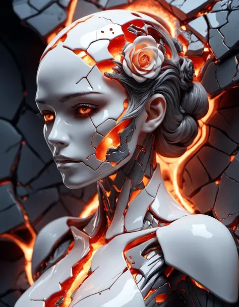 Death of a beautiful humanoid female, a broken android, digital art, cracked porcelain face and lava,((ral-lava)), futuristic look, captivating, full body:1.5, skull, fragile, emotional, shatter into fragments, shattered glass, shattered pieces of a woman body, made of porcelain, broken, destroyed, abstract patterns, tile art, roses, portrait photography, cinematic, white and light gray, shallow depth of field, ((grayclay))
