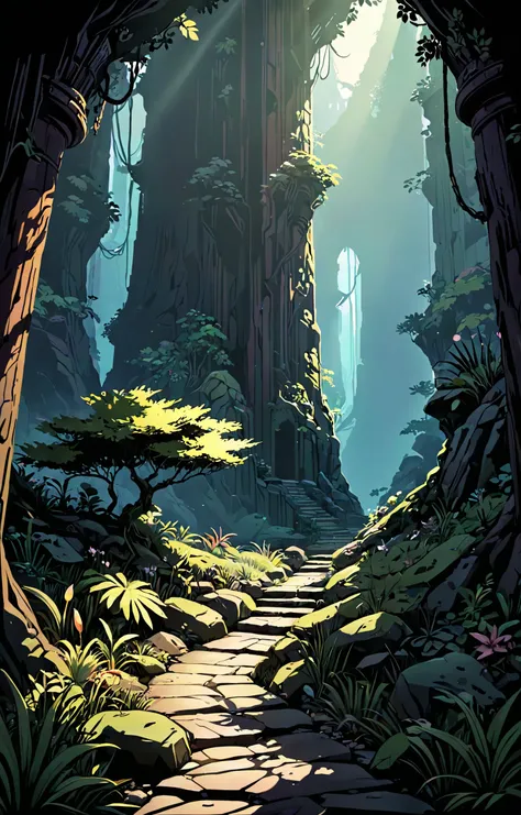 Cel Shaded Art of , Wanderlust aesthetic, vivid colors, stunning background. dark and moody, a mesmerizing blend of light and shadow. masterpiece, absurdres, intricate details, 2D, flat color, toon shading, cel shaded style