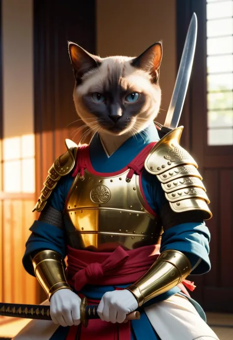 inkpunk, anthropomorphic Siamese Cat Samurai, (samurai armor:1.2), Japanese painting style, holding a katana, cinematic lighting, golden ratio, perfect composition, elegant, no crop, 4k, sharp focus, masterpiece, backlight, cinematic, highly detailed, extremely colorful, vibrant, dark, moody lightin