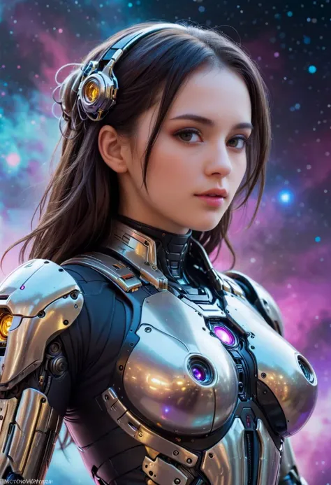 an award winning photograph of a beautiful woman, halo, intricate cyberpunk robot, highly detailed, soft bokeh Deep space nebula background, art by mooncryptowow and popular science