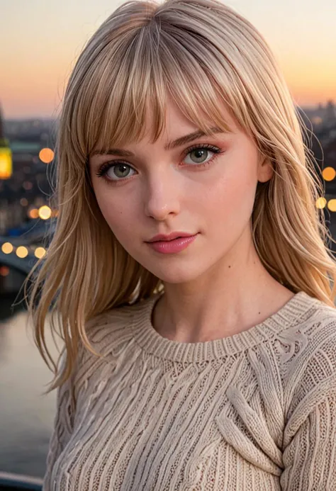 1girl, Close-up, (beautiful girl, make up), (Age 25), (happy, light blonde hair, lips, parted bangs, London, England, dusk:1.2), , HD, lens flare, cable knit sweater, pleated skirt, and loafers, looking at viewer, (RAW Photo, cg unity, photography, ultra realistic details, sharp focus, detailed skin,4k, high-res, masterpiece, best quality:1.1), (realistic, photo-realistic:1.37) (8k,4k, UHD, high resolution, professional, cinematic, movie, dramatic, noise), (detailed background:1.25), bokeh anamorphic depth of field blur background