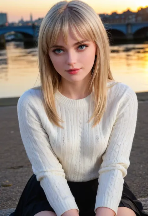 1girl,   Close-up, (beautiful girl, make up), (Age 25), (happy, light blonde hair,  lips, parted bangs, London, England, dusk:1.2), , HD, lens flare, cable knit sweater, pleated skirt, and loafers, looking at viewer, (RAW Photo, cg unity, photography, ultra realistic details, sharp focus, detailed skin,4k, high-res, masterpiece, best quality:1.1), (realistic, photo-realistic:1.37) (8k,4k, UHD, high resolution, professional, cinematic, movie, dramatic, noise), (detailed background:1.25), bokeh anamorphic depth of field blur background