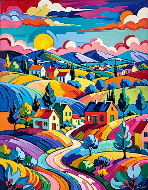 fauvist Landscape: A vibrant and colorful (fantasy landscape) of small town, with bold brushstrokes and unnatural colors, inspired by Henri Matisse.  <lora:tr03_colorful_02_colorful_glass:0.1> colorful glass