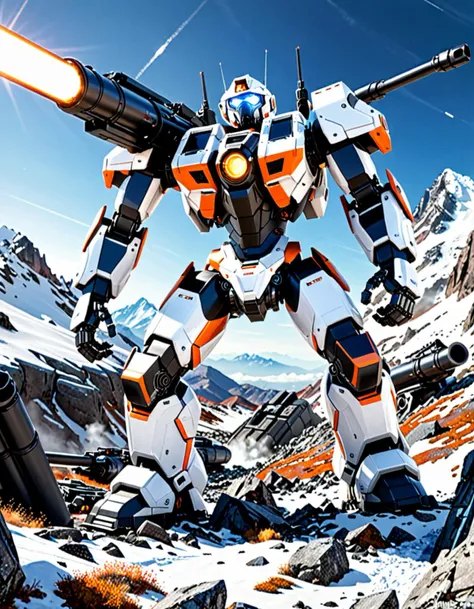 sci-fi style Wide angle digital illustration, (Large combat robot on rocky mountain:1.3), Triangular composition, White robot with gray-black accents, Complex mechanical details, Visible pistons and cables, (Enormous multi-barrel cannon on right shoulder:1.3), Black tubes with orange tips, Snow-capped peaks backdrop, Rocky terrain with fog, Atmospheric drama, Clear blue sky, Natural daylight, Crisp shadows., futuristic, technological, space themes, advanced civilizations, light leaks, lens flares