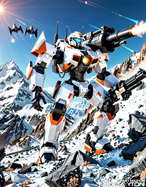 sci-fi style Wide angle digital illustration, (Large combat robot on rocky mountain:1.3), Triangular composition, White robot with gray-black accents, Complex mechanical details, Visible pistons and cables, (Enormous multi-barrel cannon on right shoulder:1.3), Black tubes with orange tips, Snow-capped peaks backdrop, Rocky terrain with fog, Atmospheric drama, Clear blue sky, Natural daylight, Crisp shadows., futuristic, technological, space themes, advanced civilizations, light leaks, lens flares