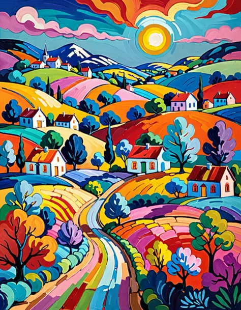 fauvist Landscape: A vibrant and colorful (fantasy landscape) of small town, with bold brushstrokes and unnatural colors, inspired by Henri Matisse.  <lora:tr03_colorful_02_colorful_glass:0.1> colorful glass