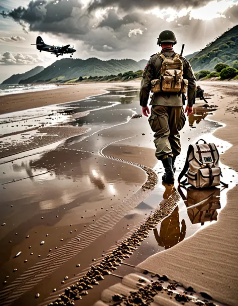 Wide angle black and white photo, (Soldier standing on beach:1.3), Natural light composition, Uniformed soldier, Helmet, Large backpack, Slight forward lean, Small sacoche on belt, (Insignia on left arm:1.2), Background military plane, Landing or taking off, Distant soldiers marching, Muddy beach, Visible puddles, Footprints, Horizon with hills, Diffused light, Overcast sky, (Solitary atmosphere:1.2), Captured with a Leica M6, 35mm f/2 Summicron lens, High dynamic range, Clear shadows, Enhanced contrast, Realistic, Highly detailed.