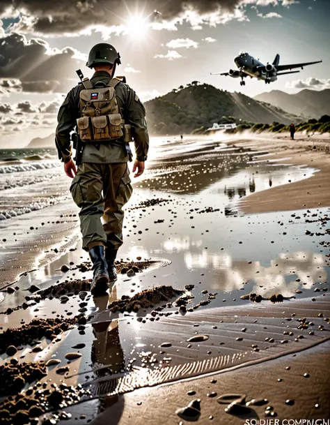 Wide angle black and white photo, (Soldier standing on beach:1.3), Natural light composition, Uniformed soldier, Helmet, Large backpack, Slight forward lean, Small sacoche on belt, (Insignia on left arm:1.2), Background military plane, Landing or taking off, Distant soldiers marching, Muddy beach, Visible puddles, Footprints, Horizon with hills, Diffused light, Overcast sky, (Solitary atmosphere:1.2), Captured with a Leica M6, 35mm f/2 Summicron lens, High dynamic range, Clear shadows, Enhanced contrast, Realistic, Highly detailed.