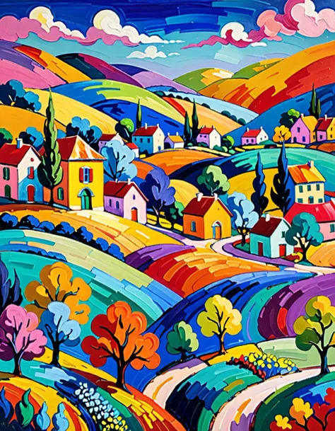 fauvist Landscape: A vibrant and colorful (fantasy landscape) of small town, with bold brushstrokes and unnatural colors, inspired by Henri Matisse.  <lora:tr03_colorful_02_colorful_glass:0.1> colorful glass