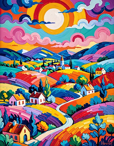 fauvist Landscape: A vibrant and colorful (fantasy landscape) of small town, with bold brushstrokes and unnatural colors, inspired by Henri Matisse.  <lora:tr03_colorful_02_colorful_glass:0.1> colorful glass