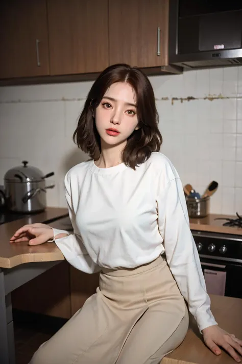 candid RAW portrait photo of a woman (Heidi Romero:1.0) with mahogany hair and a white shirt and beige skirt sitting at a kitchen table in an unlit dark kitchen (at night:1.2), Fujifilm Fujicolor C200 film, flashlight <lora:flashlightphoto_v1.5a:1>, dof, high definition, detailed, intricate