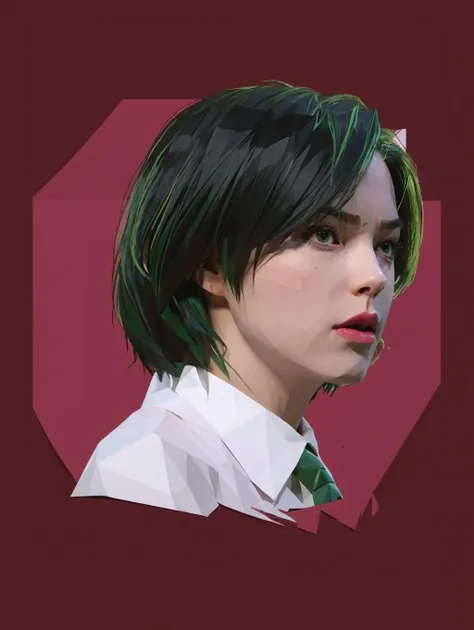 <lora:Low Poly Style:0.99:MIDD>green hair, 1girl,  , checkered, solo, pink_background, shirt, jacket, white_shirt, upper_body, necktie, collared_shirt, formal, suit, red_background, smoke, low ploy, (cropped:1.2), looking up,  from side,  angry,