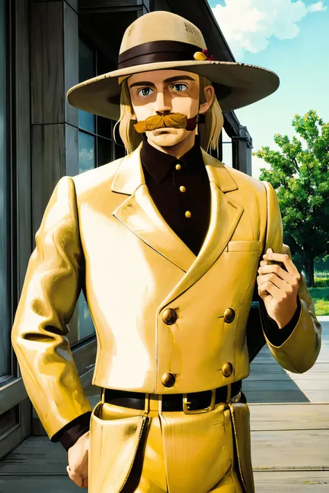 simple background, <lora:Micah_Bell_LoRA_V0.1:.6>, Micah Bell, cowboy, blonde hair, mustache, hat, jacket, best quality, <lora:ghibli_style:.7>