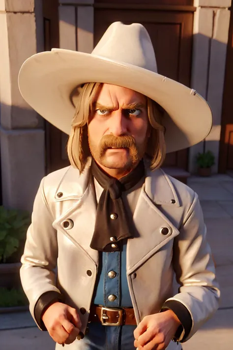 man, <lora:Micah_Bell_LoRA_V0.1:.8>, Micah Bell, cowboy, blonde hair, mustache, villain, evil, sneering, white hat, black leather jacket,, masterpiece, best quality, realistic
