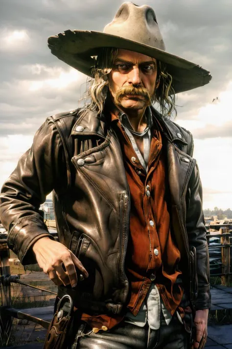 simple background, <lora:Micah_Bell_LoRA_V0.1:.7>, Micah Bell, cowboy, blonde hair, mustache, hat, jacket, best quality, <lora:Shadow Isles:.7>