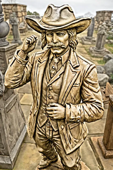 simple background, <lora:Micah_Bell_LoRA_V0.1:.4>, Micah Bell, cowboy, hat, jacket, blonde hair, mustache, best quality, <lora:stone_statue:.8>, stone_statue,
