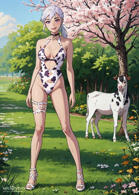 (full body shot, masterpiece, best_quality, ultra-detailed, immaculate:1.3),
BREAK
<lora:yoruichi-10:0.6> yoruichi, yellow eyes, 1girl, dark skin, solo, ponytail, bangs, purple hair, pouting, bell, neck bell, cow print, thick thighs, large breasts, highleg leotard, underboob cutout, heels, standing, hands at sides,
<lora:skin_tone_slider_v1:1>
<lora:cow print, highleg leotard, underboob cutout:1>
<lora:Gloomifier_V2_TheGlow:-1>
<lora:detail_slider_v4:1>
BREAK
grass, outside, trees, field, cow\(animal\), cows