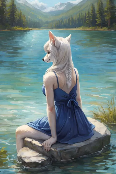 anthro furry canine female sitting on the stone in the middle of lake, clothed, blue dress,water around, white long hair, wet fur, back,looking at viewer, ears, post impressionism, classic