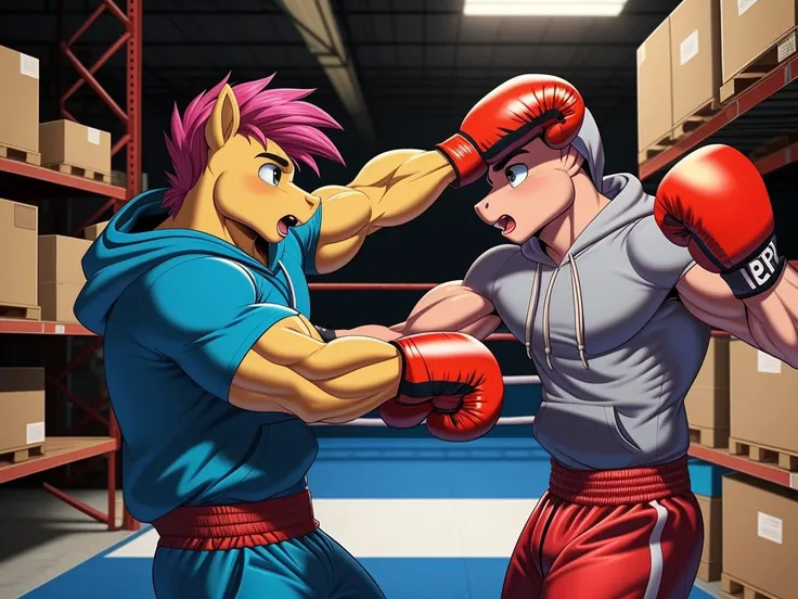 anthro pony, bulk biceps in a warehouse wearing a hoodie and boxing gloves, punching bag made of meat, cinematic, VHS, retro, 80s