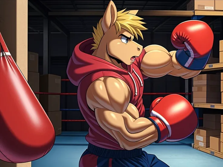 anthro pony, bulk biceps in a warehouse wearing a hoodie and boxing gloves, punching bag made of meat, cinematic, VHS, retro, 80s