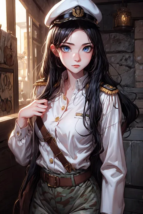 masterpiece:1.2, best quality:1.3, girl face:1.2, blue eyes:1.3, military uniform:1.3, camouflage pattern:1.2, brass buttons:1.3, epaulets:1.2, officer's cap:1.3, stern expression:1.2, disciplined posture:1.3, honor and duty:1.2, rank insignia:1.3, polished boots:1.2, regimental colors:1.3, flag backdrop:1.2, salute:1.3, pride and patriotism:1.2,
BREAK,
RPG:1.0, Adventure:1.0, Fantasy:1.0
Quest:1.0, Epic:1.0, Saga:1.0, Mythical:1.0
Legendary:1.0, Chronicles:1.0
Odyssey:1.0, Tale:1.0, Fable:1.0
Questing:1.0, Journey:1.0
Expedition:1.0, Adventure:1.0, Questline:1.0
Mythos:1.0, Lore:1.0, Enchantment:1.0
<lora:emilyena:1.0>, <lora:chunhua:0.4>, <lora:0ill1k3 Digital Oil Painting Style:0.7>, <lora:Asian_cute_girl_mix V2:0.8>, <lora:add_detail:1>, <lora:sam_yang_offset_right_filesize (Sam Yang):0.3>, <lora:perfecteyes-000007:0.8>, <lora:[LoRa] Dense Light é²ç illumination):1>, <lora:Porcelain_v1_R128:0.3>