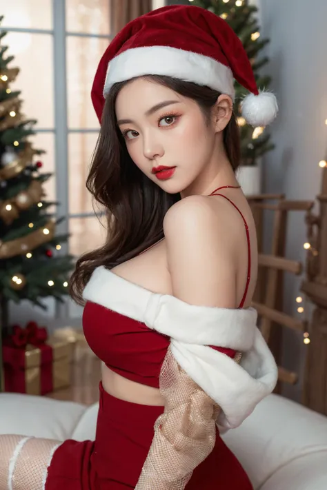 detail, Beautiful Girl, Korean Makeup, Red lips, Smile slightly:, Thigh, Platinum Hair, Slim body, Big breasts, Christmas Costumes, Christmas Accessories, Christmas Decorations, Christmas tree, Christmas Reindeer, led lights, All about Christmas, Snowy landscape outside,Show the armpits、raise arms