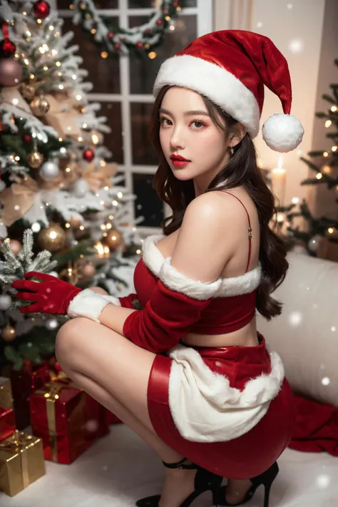on a cold christmas night,Moonlight shines on the silvery snow,Create a mysterious and peaceful atmosphere。She stands in front of the shining Christmas tree,Wearing a gorgeous red Christmas dress,The delicate fabric seems to be woven by the elves themselves。The hem of the skirt flutters gently,Dancing in the breeze,Like a charming red ribbon。
She is wearing a bright red Santa hat,Embellished with sparkling gold stars and silver tassels。The brim of the hat hung gently on her slender forehead,Draw perfect linelack hair falls from under the hat,Soft as silk。Her eyes were bright and crystalline,It's like two gems,Reveal the light of warmth and kindness。The long eyelashes tremble gently,Like butterflies dancing,Conveying the joy and joy deep in her heart。
Her tall figure has smooth and graceful lines,Perfect curves show off her feminine charm。Slender legs wrapped in red stockings,Like a pair of smooth and delicate snow-white cashmere。Delicate red heels complemented her Christmas dress,It's eye-catching。
Her delicate skin is as pure and flawless as white snow,Exudes a light strawberry aroma。The red lips are slightly raised,Exudes a confident and charming smile。She gently brushed the Christmas lights among the branches,lit up a string of shining little stars,As if cheering and celebrating her beauty。
Description of the appearance of this peerless beauty,Like a work of art,People are captivated by it。Her presence seems to decorate the entire Christmas Eve into a dreamy fairy tale world,Let everyone be immersed in her charm and warmth。