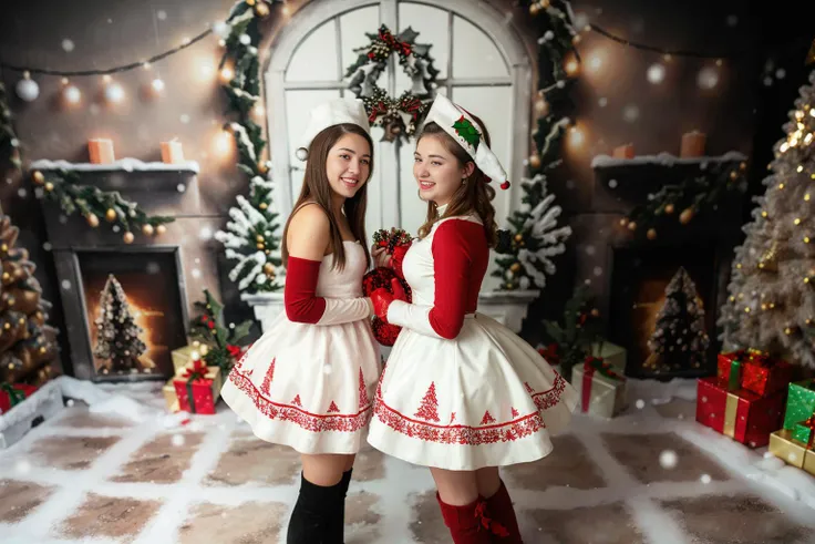 two 19 year old girls, (christmasbckdrp:1.2), indoors,snow,christmas dress, <lora:christmas-photo-v1.2:1>