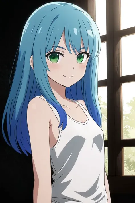 a beautiful blue haired girl, long messy hair, beautiful detailed deep green eyes, cute and beautiful face, shy smile, small breasts, white tank top, upper body view, colorful,
(masterpiece:1.2), (best quality:1.2), ultra-detailed, best shadow, detailed background, high contrast, (best illumination, an extremely delicate and beautiful), ((cinematic light)), hyper detail, dramatic light, intricate details, 8k, anime, very aesthetic,