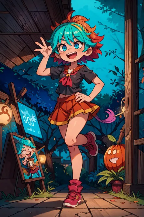 ((best quality, masterpiece)),  ((style-swirlmagic):0.5),
 epic, illustration, welcoming, 1girl, smiling, open mouth, druid, black shirt, red skirt,[cyan hair|purple hair],  ((muted multicolor  hair)), Topsy Tail,curly hair, in front of a autumn, glowing school, standing on one leg,
 <lora:EnvyCuteMix08:0.7>,
 <lora:more_details:0.5> ,
 <lora:LowRA:1>