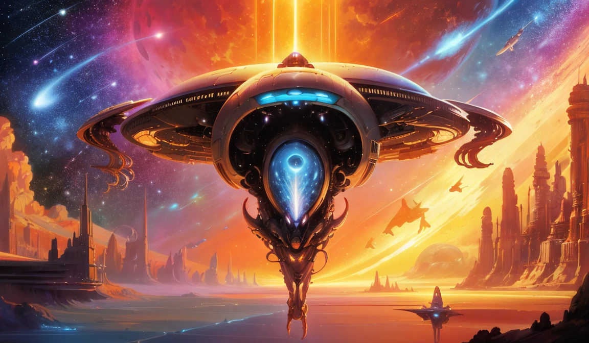 alien spacecraft descending to Earth ((by Boris Vallejo:1.2)) <lora:FantasyWorldV1:0.2> <lora:zxrspc_v3:0.42> zxrspc, Futuristic sci-fi style, Futuristic, technological, alien worlds, space themes, advanced civilizations, masterpiece, best quality, absurdres, detailed, ultra-detailed, trippy, psychedelic, colorful, 2d, anime, detailed, illustration, intricate, <lora:add_detail_realistic:1>, <lora:sharpen-soften:-0.5>