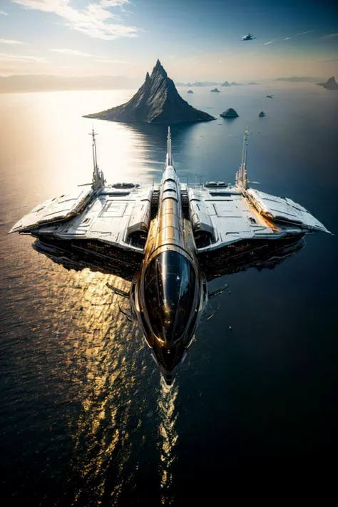 masterpiece, photorealistic highly detailed 8k raw photography, Establishing shot, Advanced Satin Sheets Gold zzspczz flying above Isolated Deserted Islands at Sunrise, cinematic special effects <lora:spacecraft v4.1:1>