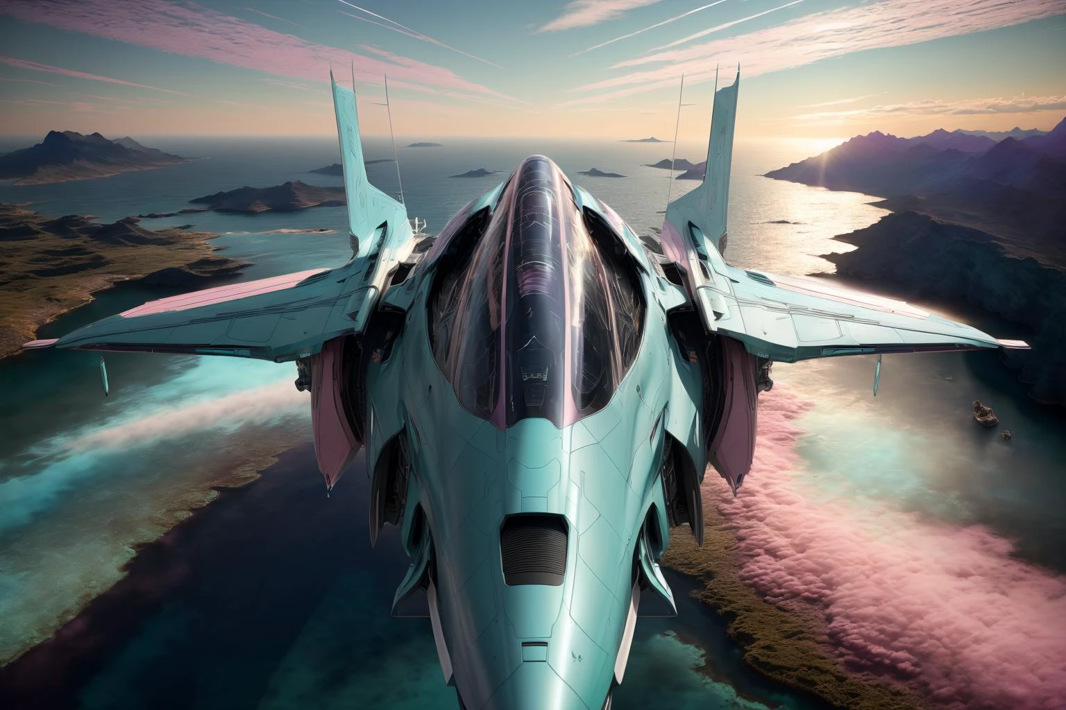 Masterpiece in photorealistic medium format 8k raw photography, (Mint Blue zzspczz soaring:1.3), A nebula, its vibrant colors painting the sky in shades of pink, purple, and blue, (Aerial view:1.3), Hyper-realistic details, (Epic panorama:1.2), Shot with a Canon EOS R5, 50mm f/1.4 lens, Cinematic atmosphere, Perfect clarity <lora:Futuristic Spacecraft Generator Concept v5.0-000008:1>