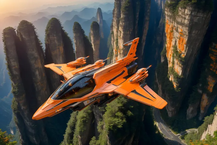 Masterpiece in photorealistic medium format 8k raw photography, (Bright Orange zzspczz soaring:1.3), Chinese Zhangjiajie National Forest Park, (Dolly zoom:1.3), Hyper-realistic details, (Epic panorama:1.2), Shot with a Canon EOS R5, 50mm f/1.4 lens, Cinematic atmosphere, Perfect clarity <lora:Futuristic Spacecraft Generator Concept v5.0-000008:1>