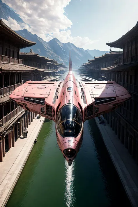 masterpiece, photorealistic highly detailed 8k raw photography, Over-the-shoulder shot, Advanced Salmon Pink zzspczz flying above Historical Silk Road Markets, cinematic special effects <lora:spacecraft v4.1:1>