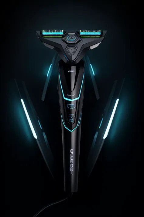 electric razor, black background, product photography, (low camera angle:1.4), bright <lora:zzarspczz_v1:1> zzarspczz spacecraft