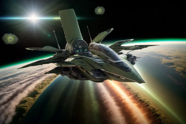 Masterpiece in photorealistic medium format 8k raw photography, (Leaf Green zzspczz soaring:1.3), A planetary nebula, its expanding shell of gas and dust creating intricate patterns in space, (tilt-shift shot:1.3), Hyper-realistic details, (Epic panorama:1.2), Shot with a Canon EOS R5, 50mm f/1.4 lens, Cinematic atmosphere, Perfect clarity <lora:Futuristic Spacecraft Generator Concept v5.0-000008:1>