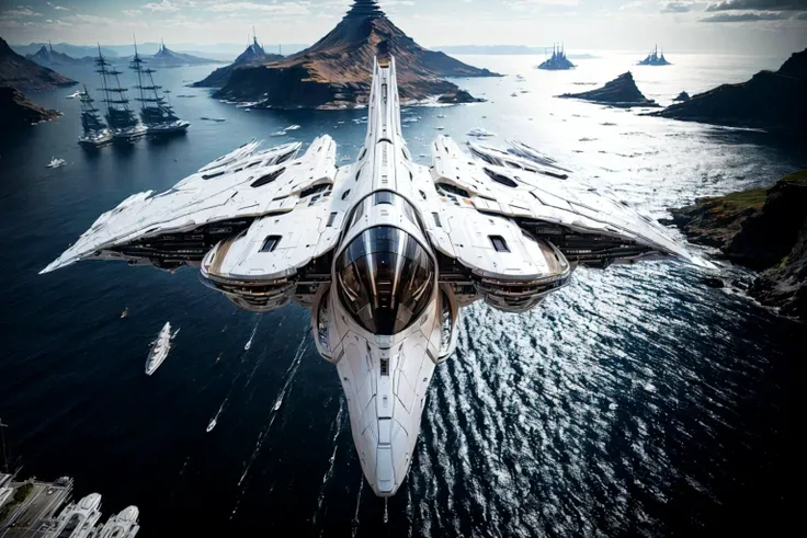 masterpiece, photorealistic highly detailed 8k raw photography, zzspczz flying above Harbors or Marinas, cinematic special effects, eagle view <lora:spacecraft v4.1:1>