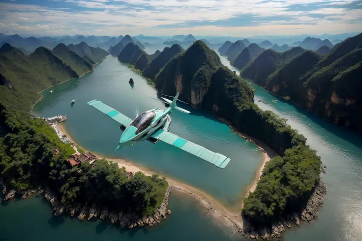 Masterpiece in photorealistic medium format 8k raw photography, (Mint Blue zzspczz soaring:1.3), Laotian Luang Prabang Royal Palaces, (Aerial view:1.3), Hyper-realistic details, (Epic panorama:1.2), Shot with a Canon EOS R5, 50mm f/1.4 lens, Cinematic atmosphere, Perfect clarity <lora:Futuristic Spacecraft Generator Concept v5.0-000008:1>