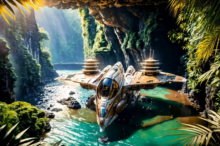 masterpiece, photorealistic highly detailed 8k raw photography, zzspczz flying above Bamboo Rafting through Tropical Jungles, cinematic special effects, eagle view <lora:spacecraft v4.1:1>