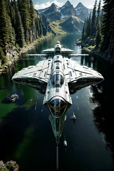 masterpiece, photorealistic highly detailed 8k raw photography, eagle eye view, Advanced Lightsaber Green zzspczz flying above Rustic Fishing Cabins by Lakeshores, cinematic special effects <lora:spacecraft v4.1:1>