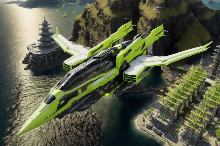 Masterpiece in photorealistic medium format 8k raw photography, (Lime Green zzspczz soaring:1.3), Indonesian Srivijaya Empire Harbor Cities, (Long shot:1.3), Hyper-realistic details, (Epic panorama:1.2), Shot with a Canon EOS R5, 50mm f/1.4 lens, Cinematic atmosphere, Perfect clarity <lora:Futuristic Spacecraft Generator Concept v5.0-000008:1>