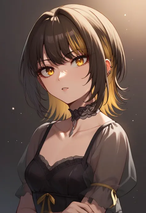 score_9,score_8_up,score_7_up,<lora:ikaruga_luca_pony:1>,looking_at_viewer, light_particles, black_choker, yellow_ribbon, upper_body, parted_lips, lace_choker, ikaruga_luca, 1girl, solo, highres, black_dress, see-through_sleeves