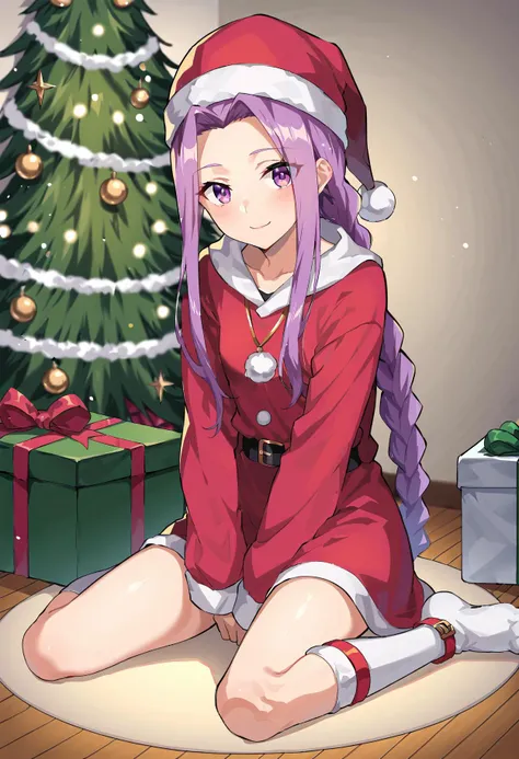 score_9, score_8_up, score_7_up, score_6_up, 1girl, solo, long hair, Ana, (pink hair:0.6), (purple hair:0.7), purple eyes, forehead, looking at viewer, small breasts, braided ponytail, christmas, christmas tree, presents on floor, santa costume, santa hat, light smile, light blush, <lora:Ana:1>, indoors, sitting on floor