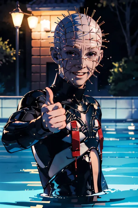 p1nhead, bald, black eyes, pale skin, latex coat, looking at viewer, smiling, happy, submerged in water, outside, swimming pool, hand, thumbs up, night time, high quality, masterpiece, <lora:p1nhead:.8>